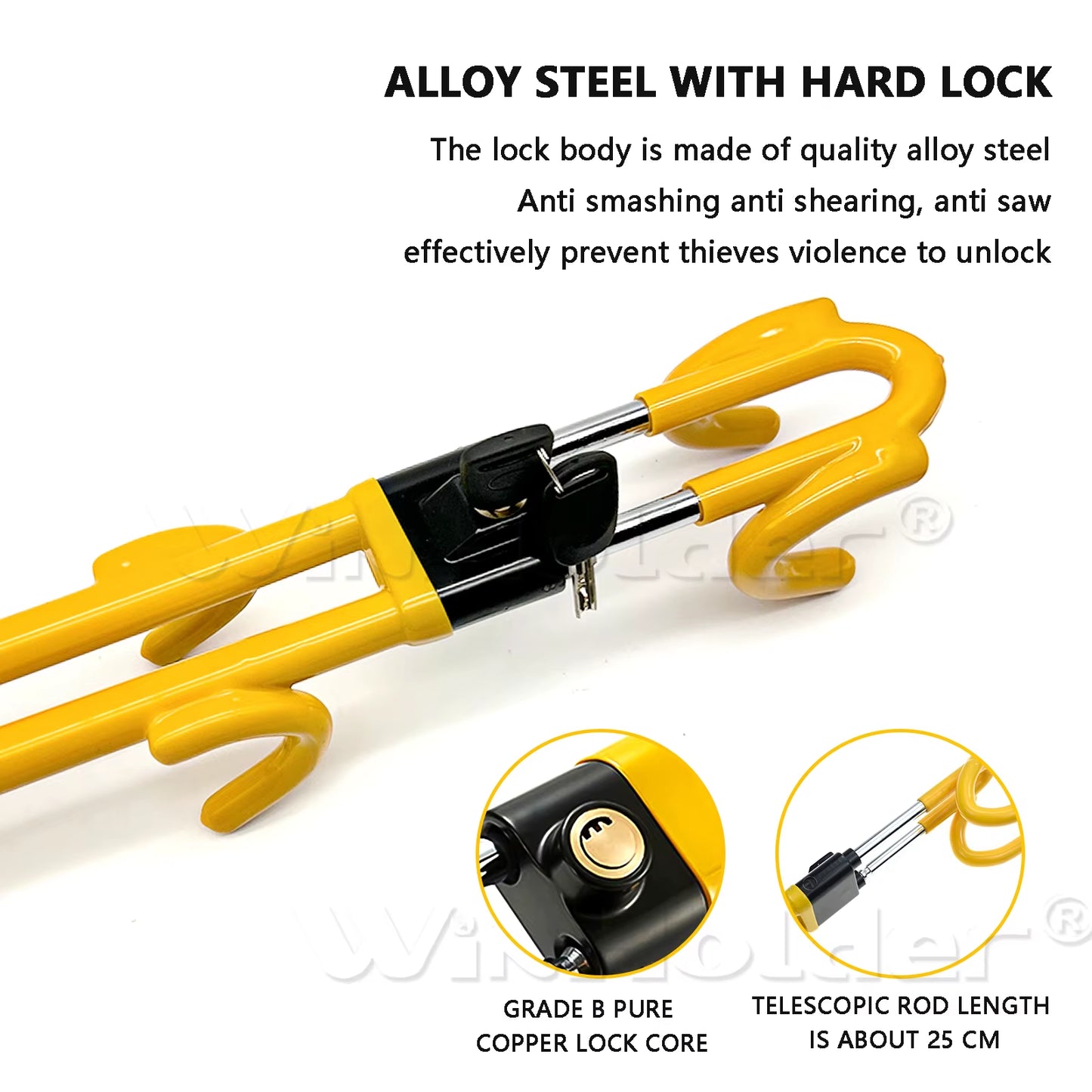 Yellow Steering Wheel Lock - Heavy Duty Antitheft Device and Car Security Lock with Adjustable Locking and 2 Keys