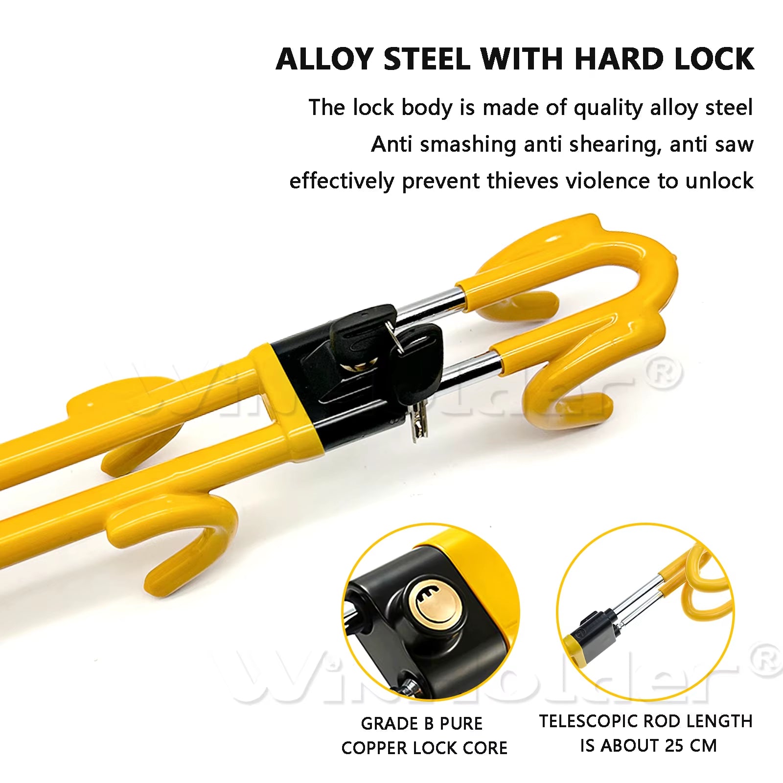 Yellow Steering Wheel Lock - Heavy Duty Antitheft Device and Car Security Lock with Adjustable Locking and 2 Keys
