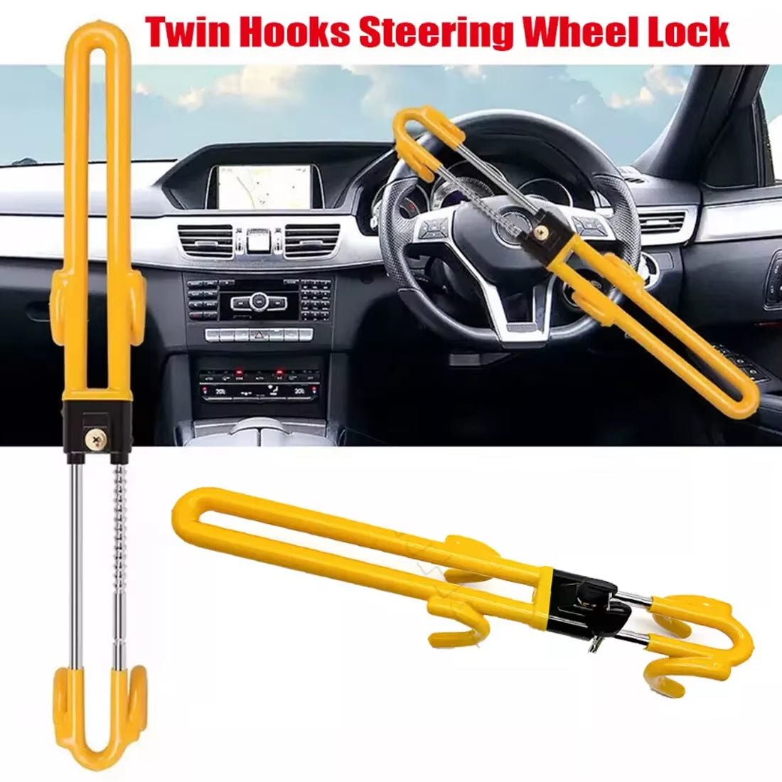Yellow Steering Wheel Lock - Heavy Duty Antitheft Device and Car Security Lock with Adjustable Locking and 2 Keys