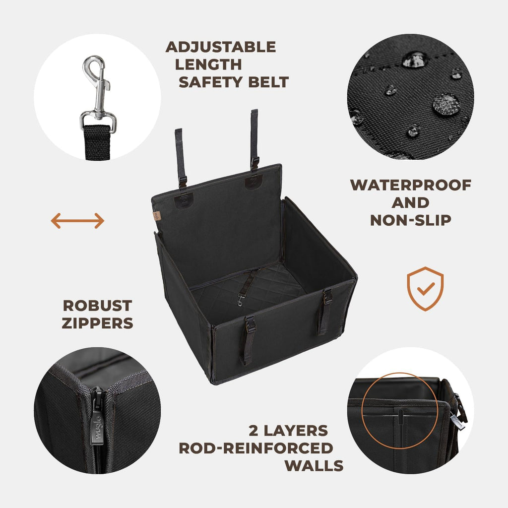 Extra Stable Dog Car Seat - Reinforced for Medium-Sized Dogs with 4 Fastening Straps - Robust and Waterproof Pet Seat for the Back of the Car (M Size, Black) (PS-2-M)