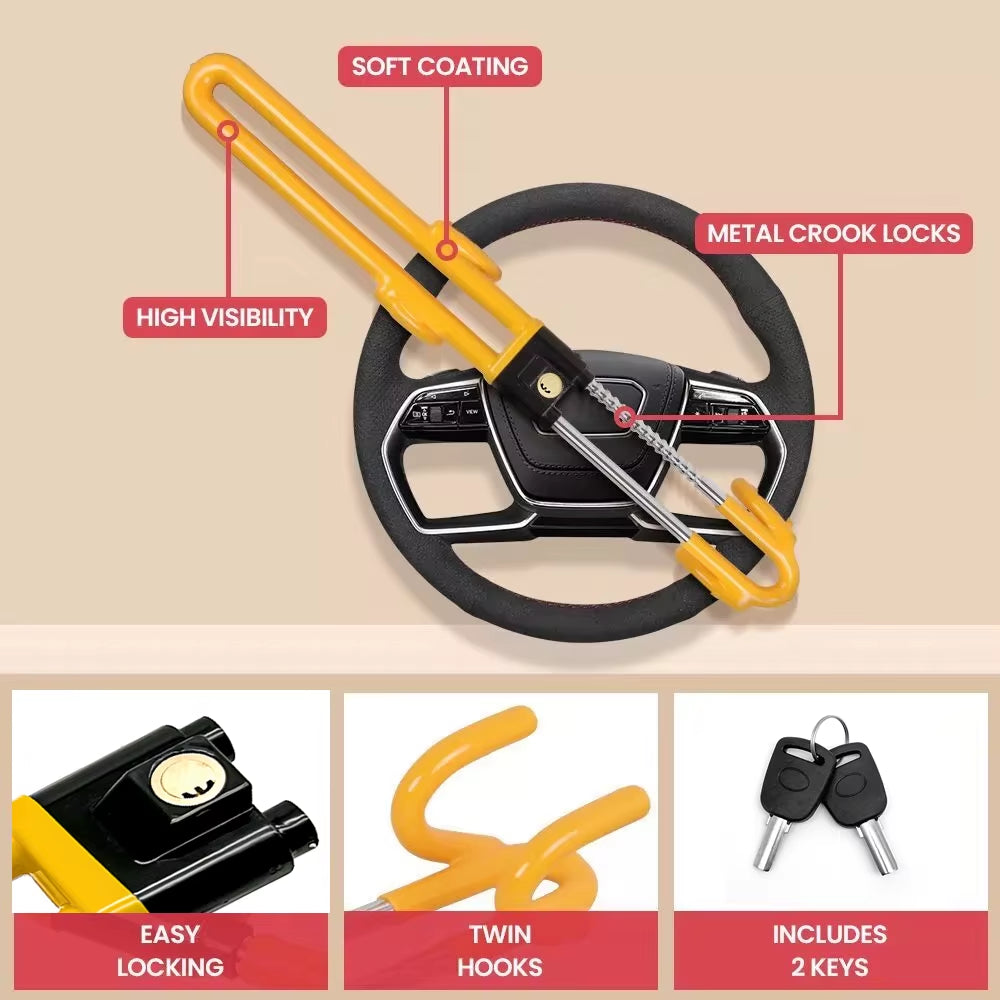 Yellow Steering Wheel Lock - Heavy Duty Antitheft Device and Car Security Lock with Adjustable Locking and 2 Keys