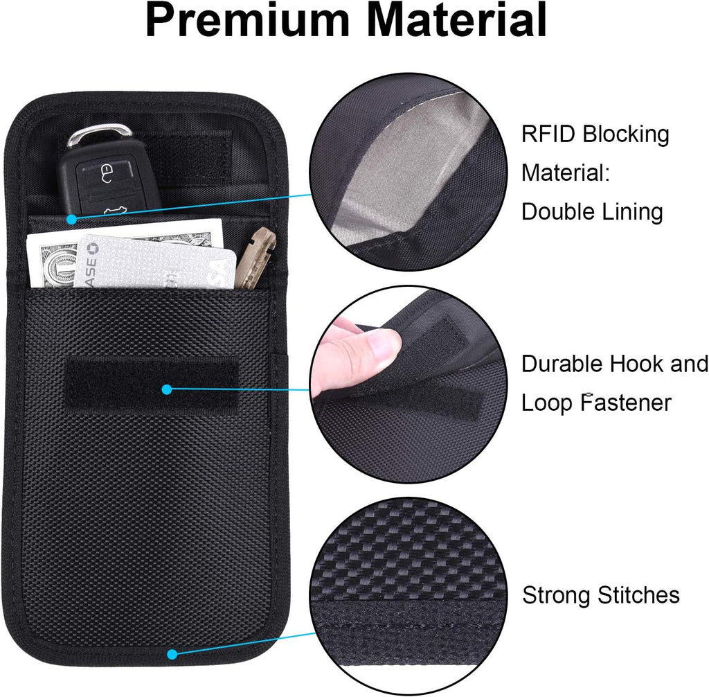 Faraday Pouch for Car Keys, Car Key Signal Blocking Pouch, RFID Blocker for Car Keys, Anti-Theft Remote Keyless Entry Protector - Black